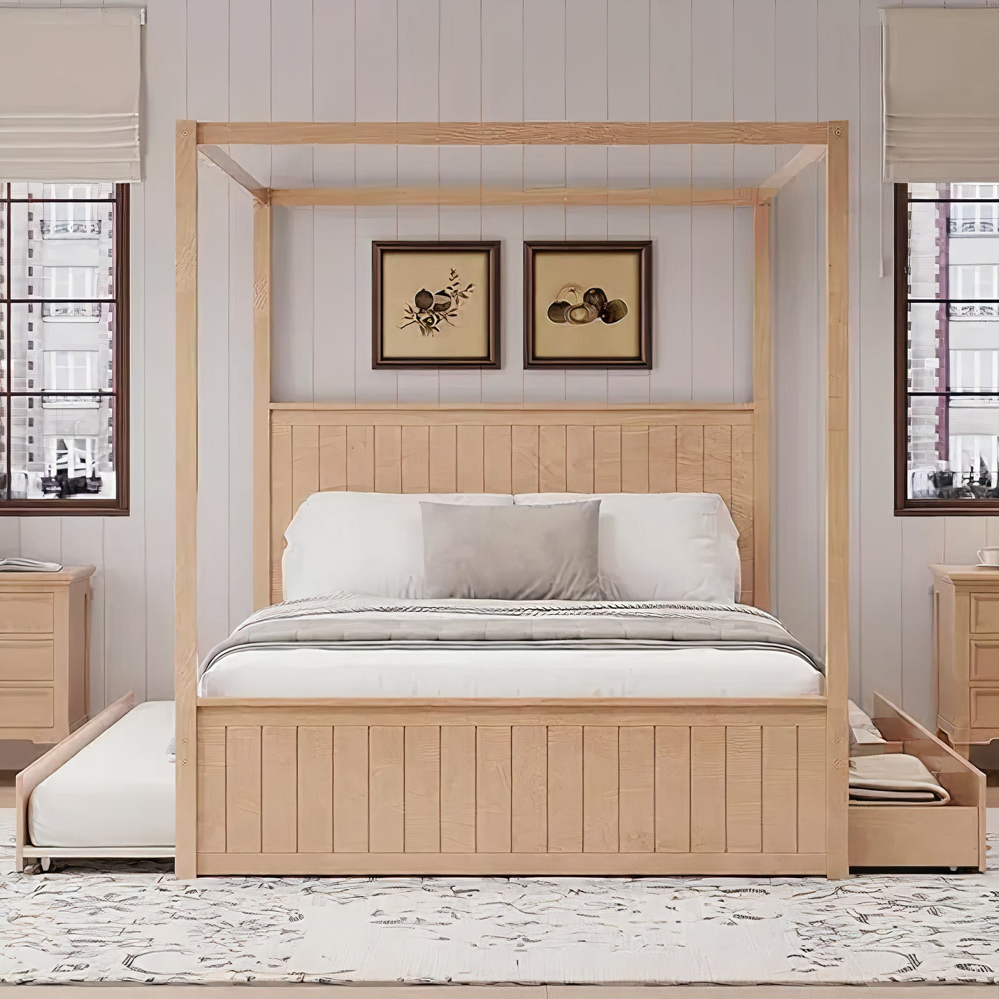 Queen Canopy Bed with Trundle & Storage – Solid Wood 4-Post Platform Bed Frame