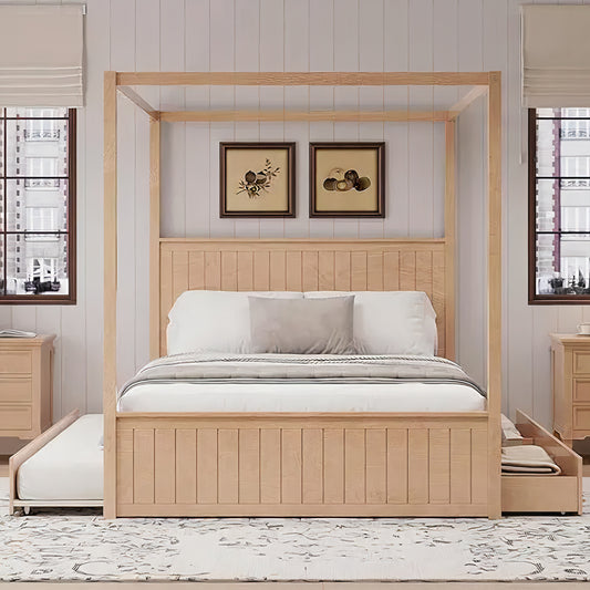 Queen Canopy Bed with Trundle & Storage – Solid Wood 4-Post Platform Bed Frame