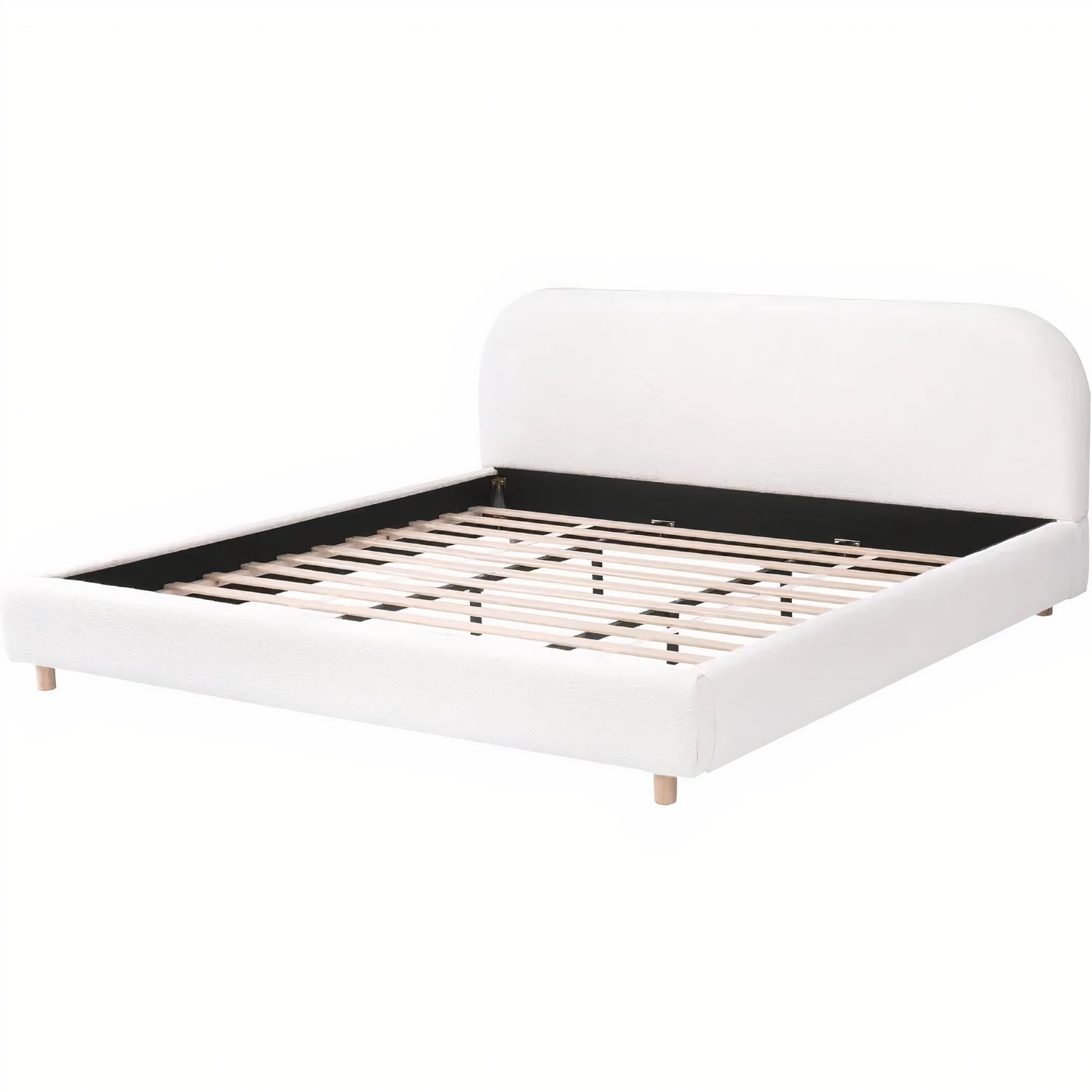 King Size Upholstered Platform Bed with Curved Headboard – Teddy Fleece Fabric, Solid Wood Frame