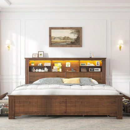 King Size Farmhouse Bed Frame with Headboard, 4 Storage Drawers, LED Lights & USB Charging Station