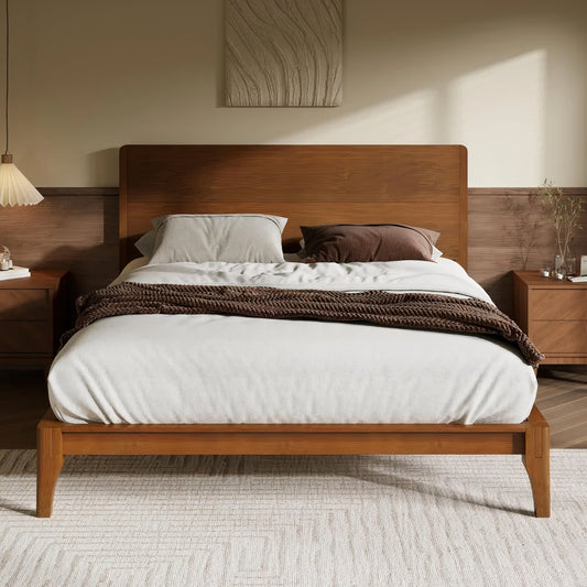 Queen Size Bamboo Platform Bed – Mid-Century Modern Frame with Tall Headboard & Wood Slat Support