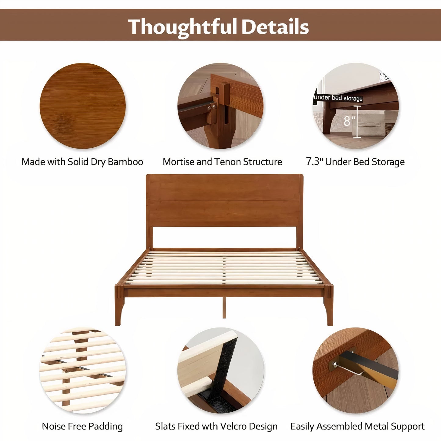 Queen Size Bamboo Platform Bed – Mid-Century Modern Frame with Tall Headboard & Wood Slat Support