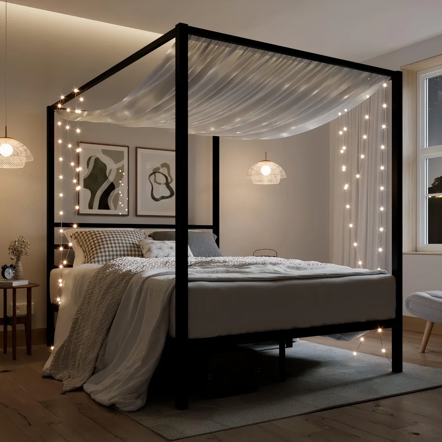 Full Size Metal Canopy Bed Frame – Modern 4 Poster Platform with Storage