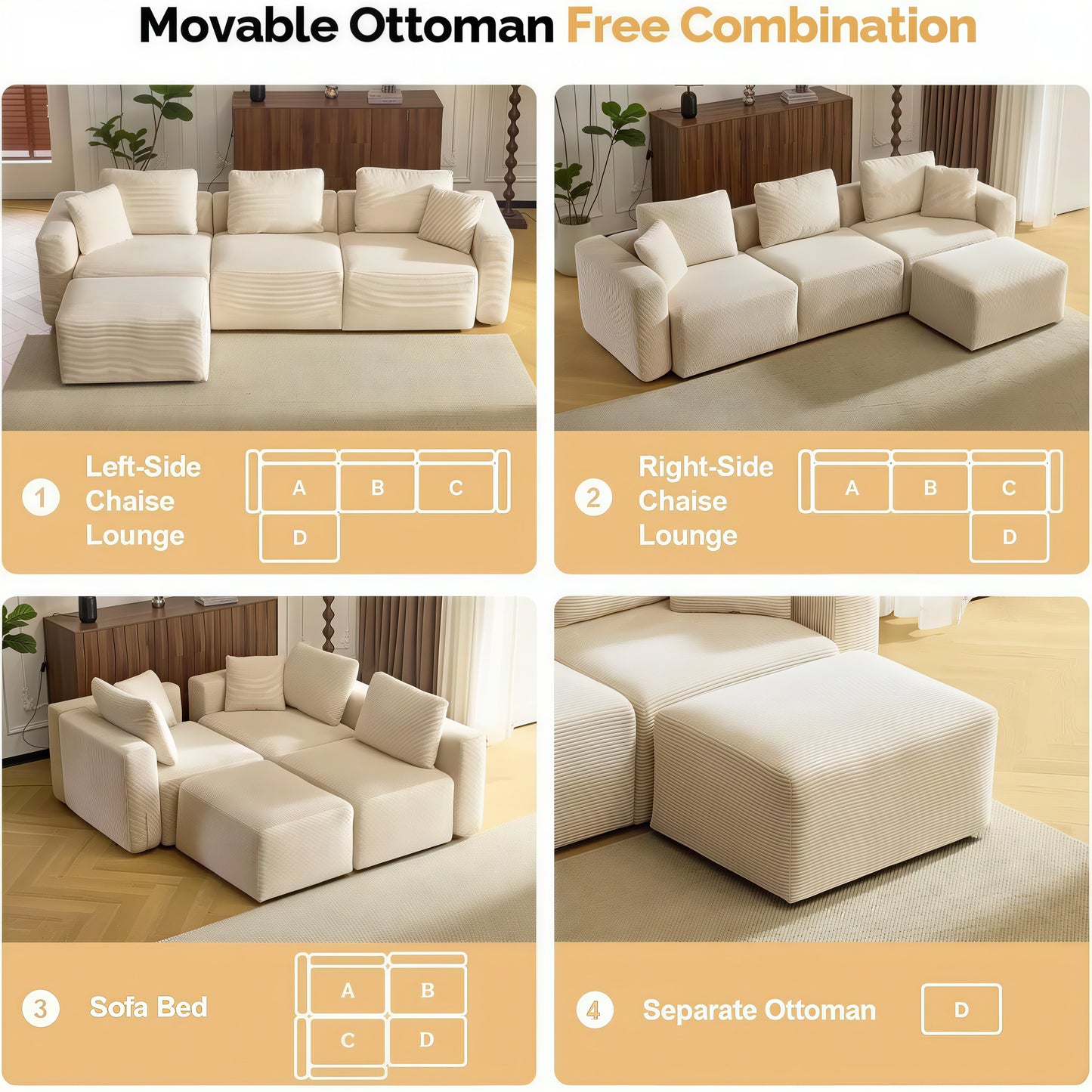 Convertible Corduroy Cloud Sectional Sofa with Movable Ottoman, L-Shaped Deep Seat Couch
