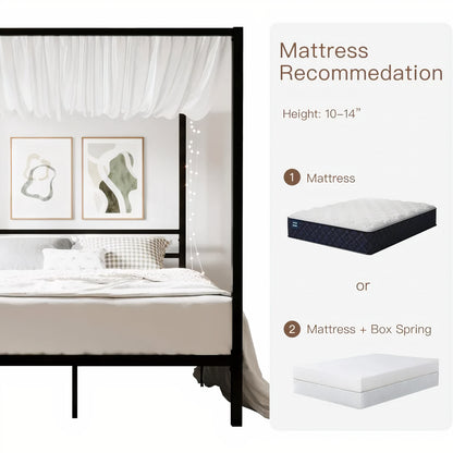 Full Size Metal Canopy Bed Frame – Modern 4 Poster Platform with Storage