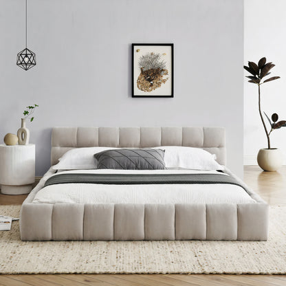 Queen Size Upholstered Platform Bed Frame with Chenille Fabric & Headboard
