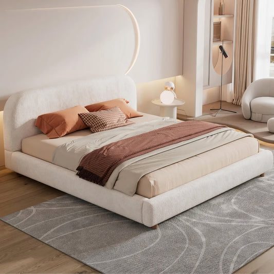 King Size Upholstered Platform Bed with Curved Headboard – Teddy Fleece Fabric, Solid Wood Frame