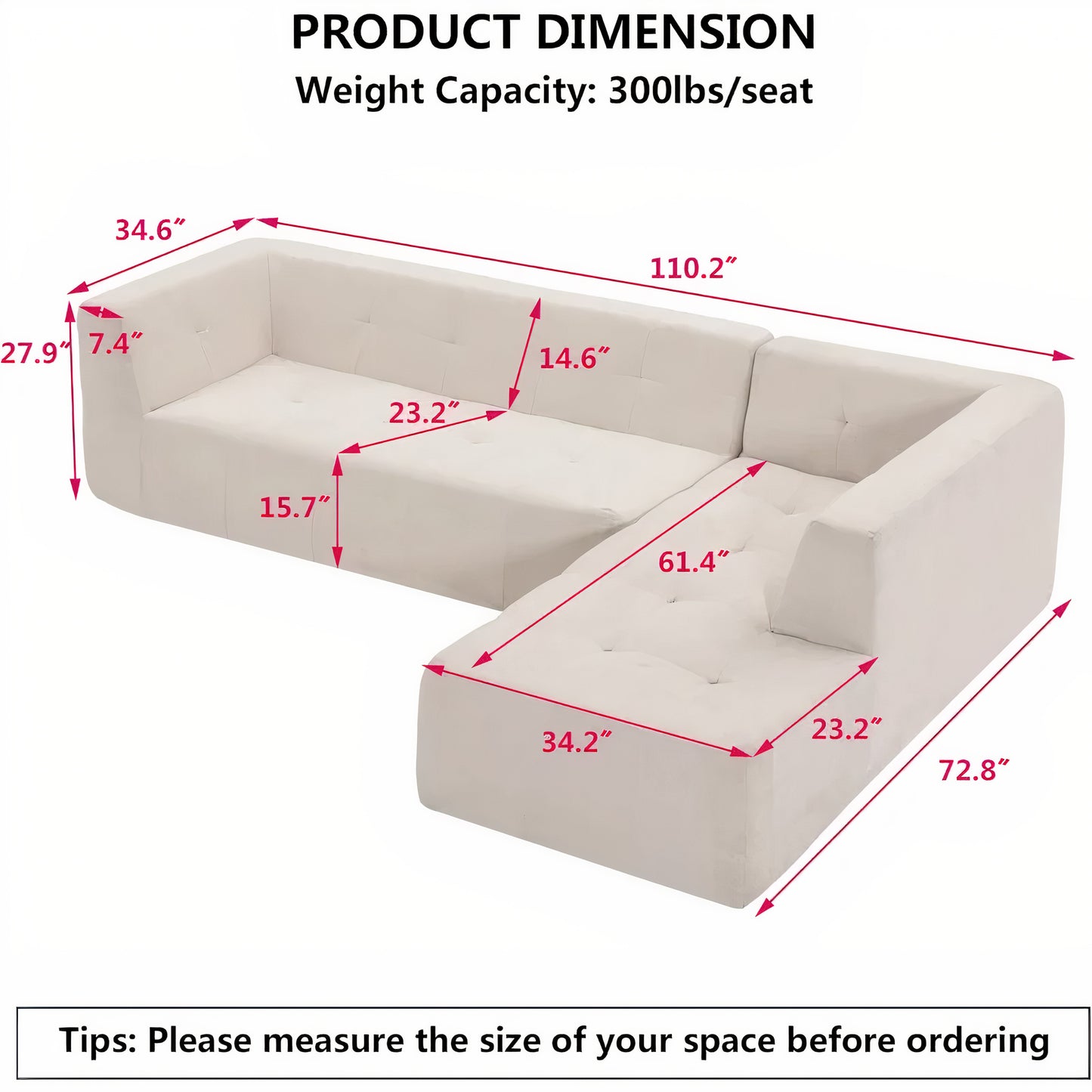 110'' L-Shaped Modular Sectional Sofa – Modern Minimalist 4-Seater Upholstered Couch with Sofa Bed for Living Room