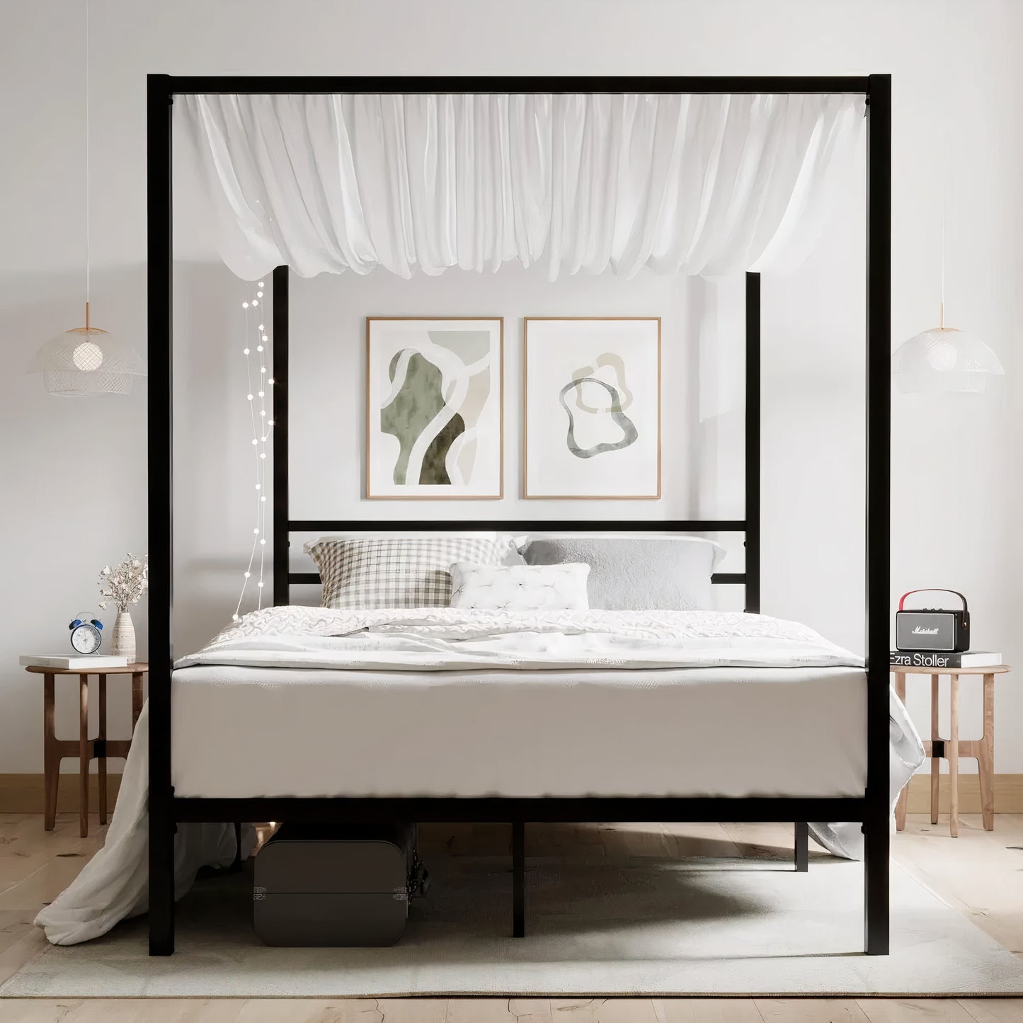 Full Size Metal Canopy Bed Frame – Modern 4 Poster Platform with Storage