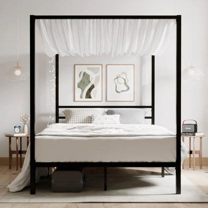 Full Size Metal Canopy Bed Frame – Modern 4 Poster Platform with Storage