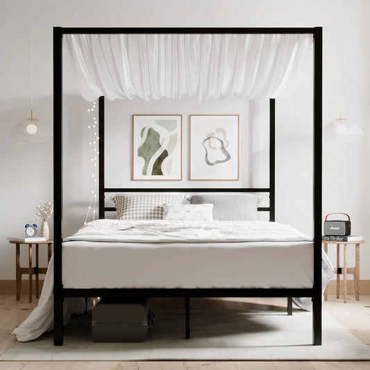 Full Size Metal Canopy Bed Frame – Modern 4 Poster Platform with Storage