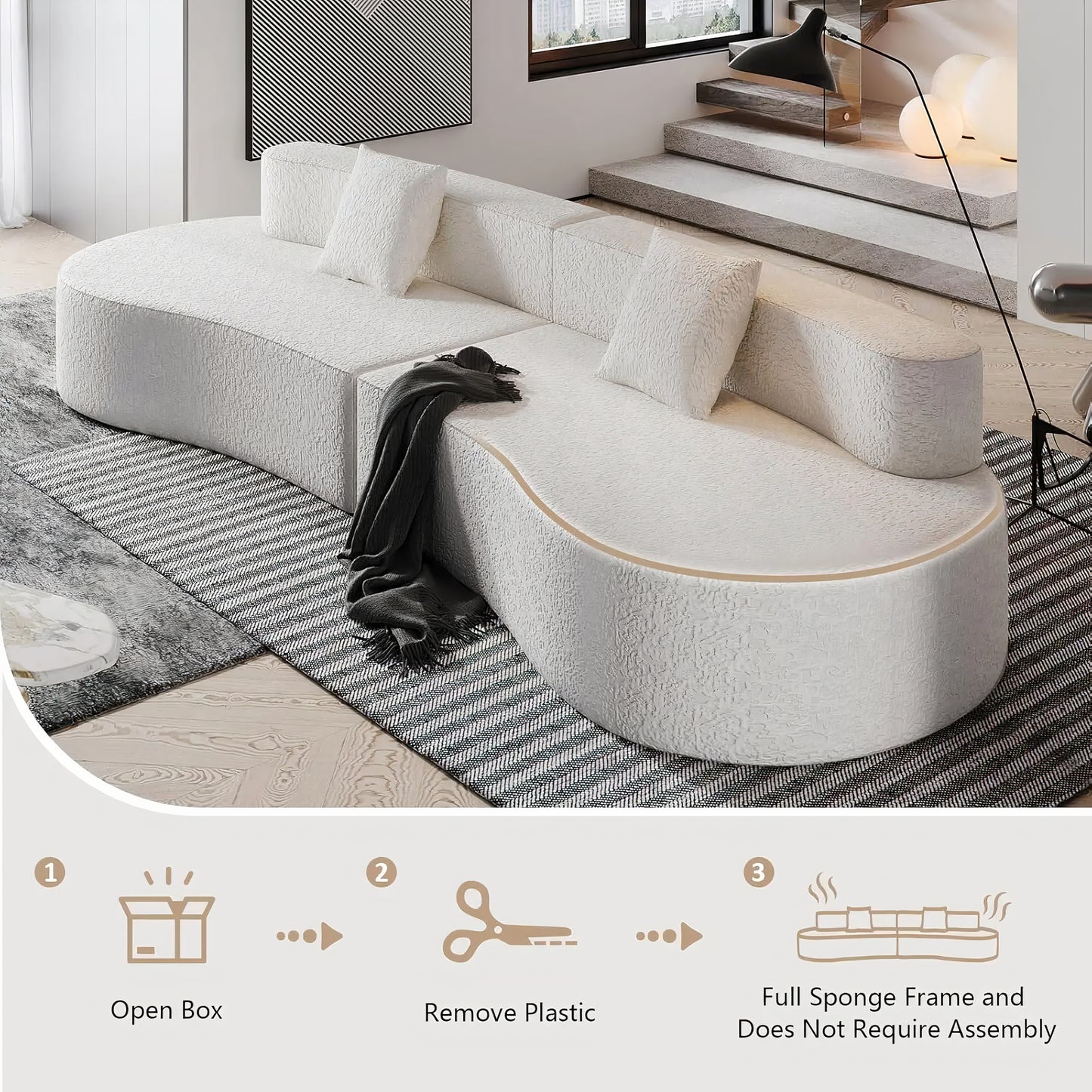 109" Modern Curved Sectional Sofa, 4-Seater Chenille, 2 Pillows