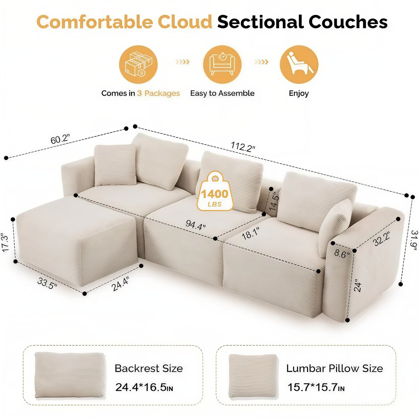 Convertible Corduroy Cloud Sectional Sofa with Movable Ottoman, L-Shaped Deep Seat Couch
