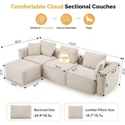 Convertible Corduroy Cloud Sectional Sofa with Movable Ottoman, L-Shaped Deep Seat Couch