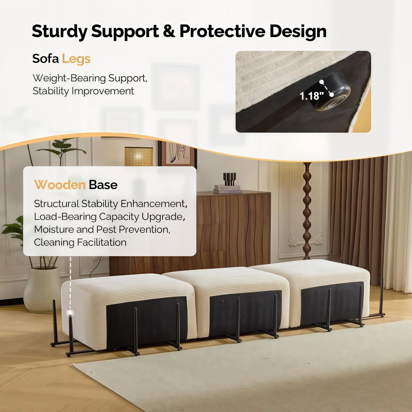 Convertible Corduroy Cloud Sectional Sofa with Movable Ottoman, L-Shaped Deep Seat Couch