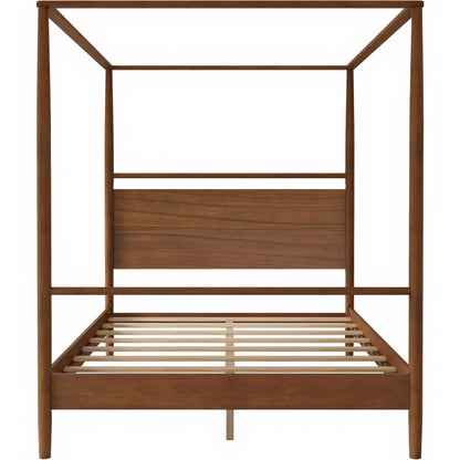 Queen Canopy Bed Frame – Solid Wood 4 Poster Platform Bed with Headboard, Mid-Century Modern Design