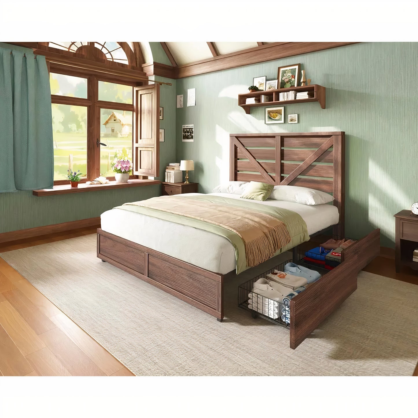 Queen Size Farmhouse Storage Bed Frame with Drawers & Headboard