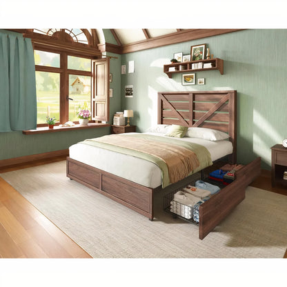 Queen Size Farmhouse Storage Bed Frame with Drawers & Headboard