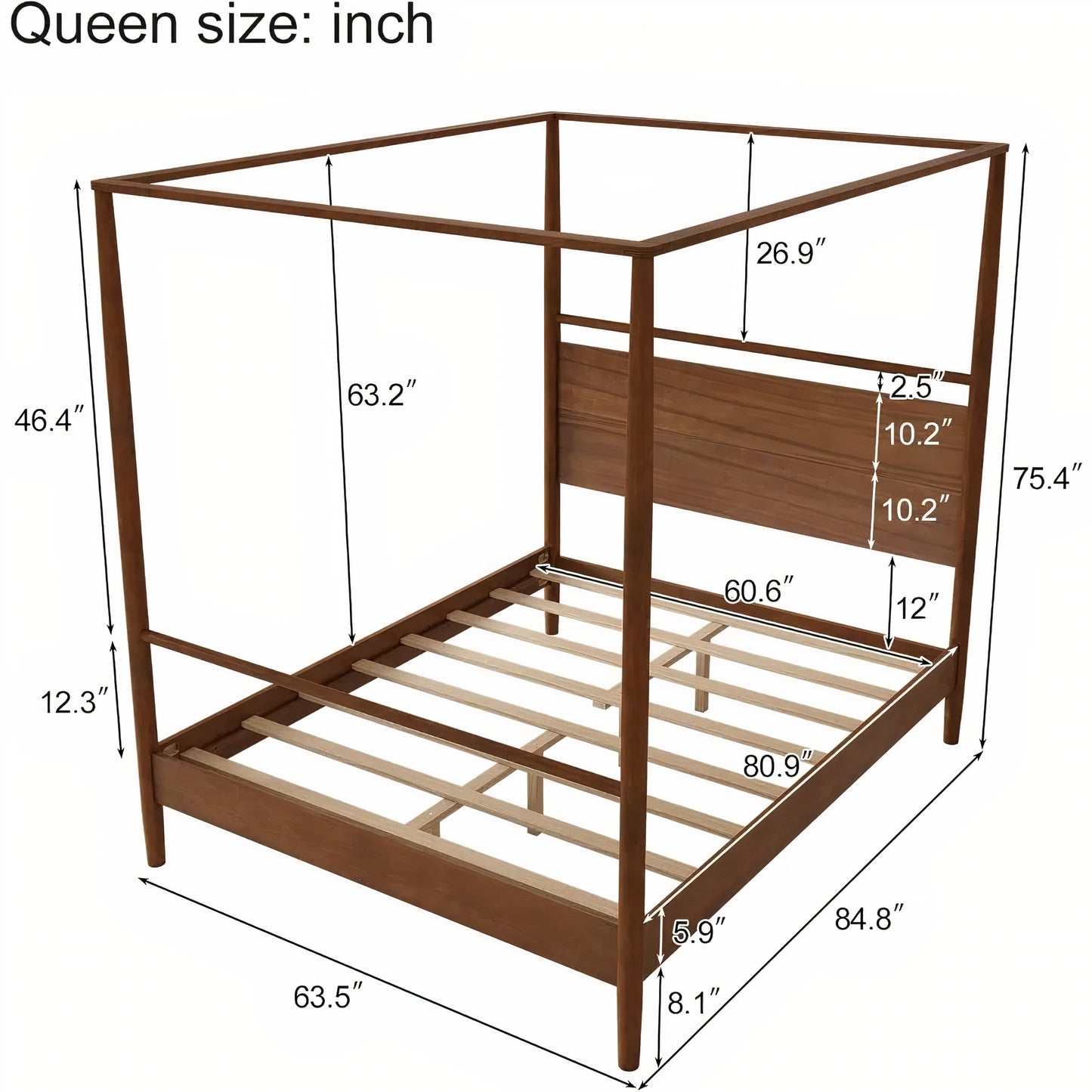 Queen Canopy Bed Frame – Solid Wood 4 Poster Platform Bed with Headboard, Mid-Century Modern Design