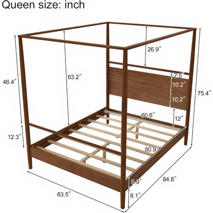 Queen Canopy Bed Frame – Solid Wood 4 Poster Platform Bed with Headboard, Mid-Century Modern Design