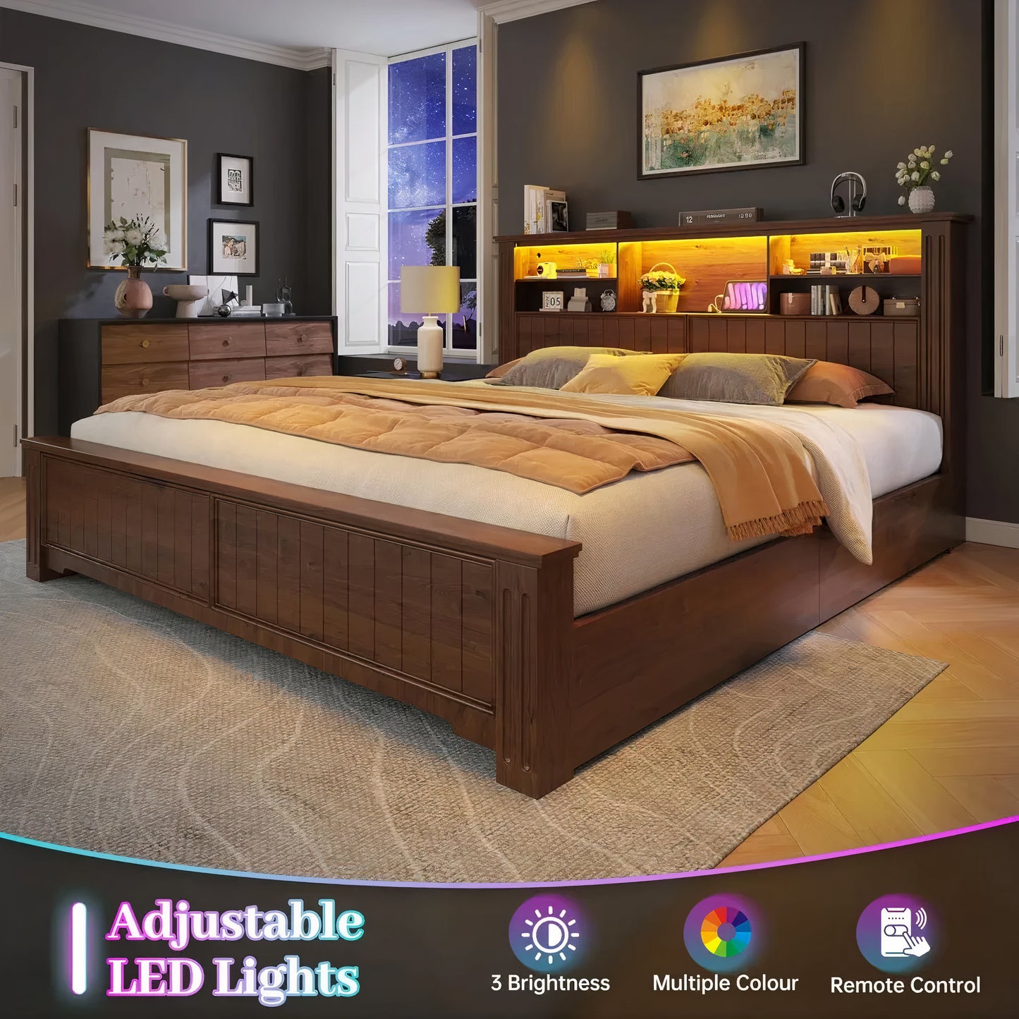 King Size Farmhouse Bed Frame with Headboard, 4 Storage Drawers, LED Lights & USB Charging Station