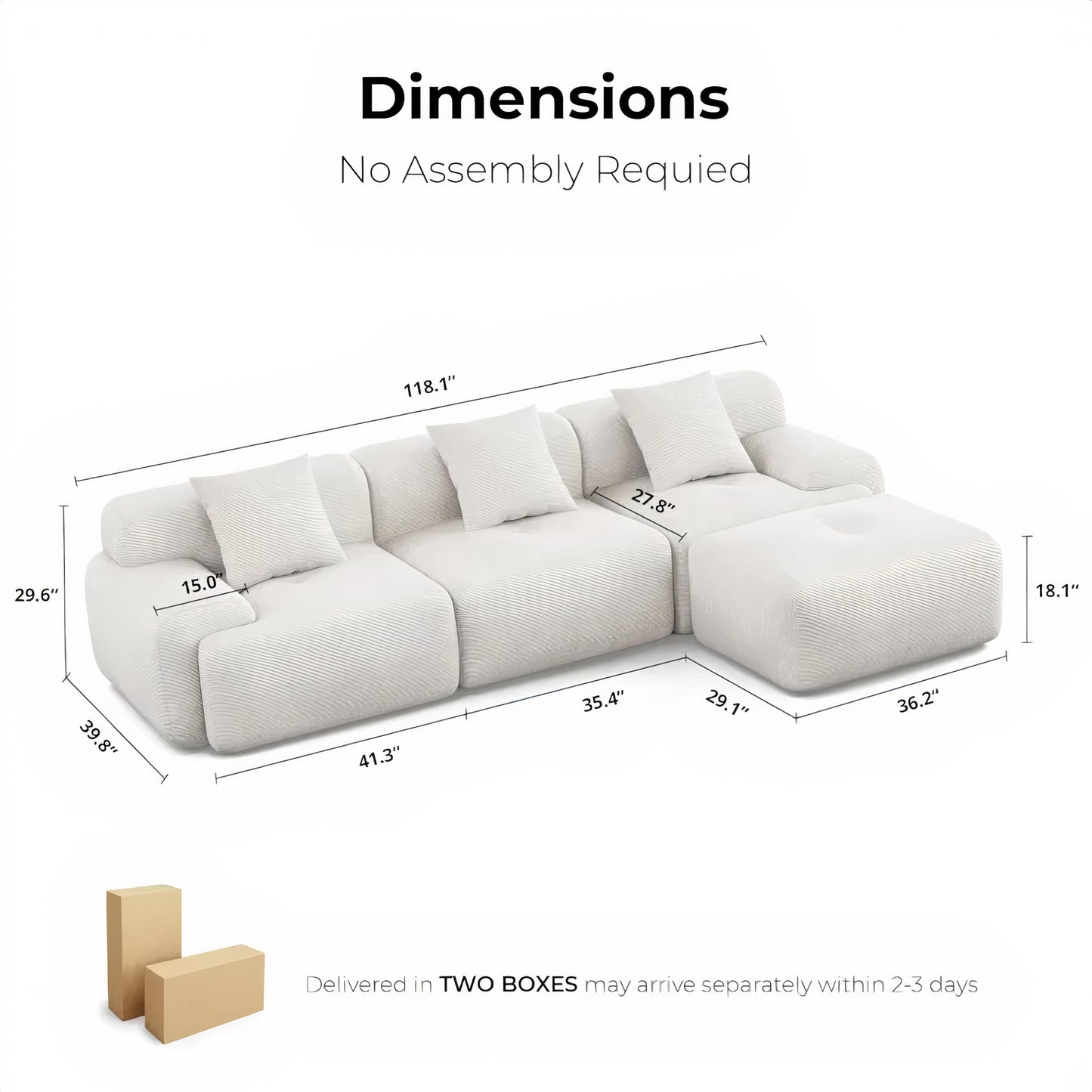 118'' L-Shaped Sectional Sofa – Oversized Beige Corduroy 3-Seater with Chaise for Living Room