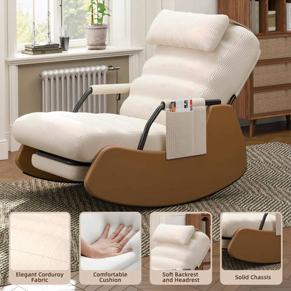Corduroy Nursery Rocking Chair with Headrest & Side Pocket – Soft Padded Glider Accent Chair