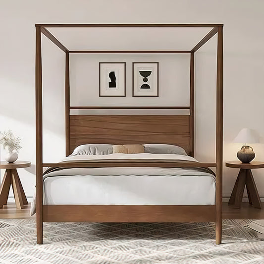 Queen Canopy Bed Frame – Solid Wood 4 Poster Platform Bed with Headboard, Mid-Century Modern Design