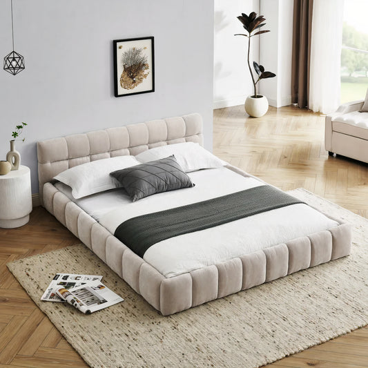 Queen Size Upholstered Platform Bed Frame with Chenille Fabric & Headboard
