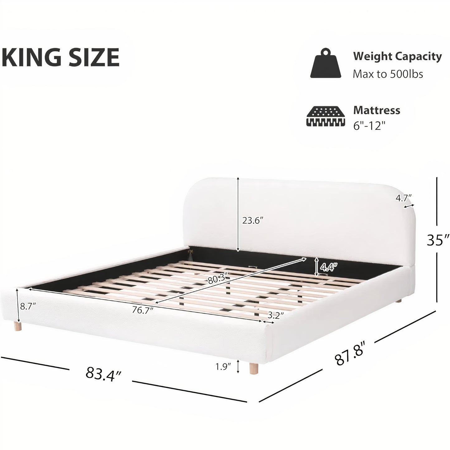 King Size Upholstered Platform Bed with Curved Headboard – Teddy Fleece Fabric, Solid Wood Frame