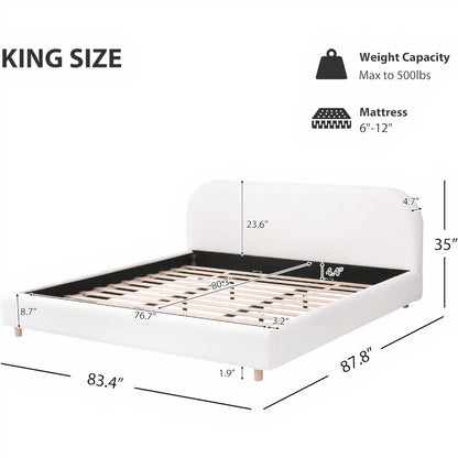 King Size Upholstered Platform Bed with Curved Headboard – Teddy Fleece Fabric, Solid Wood Frame