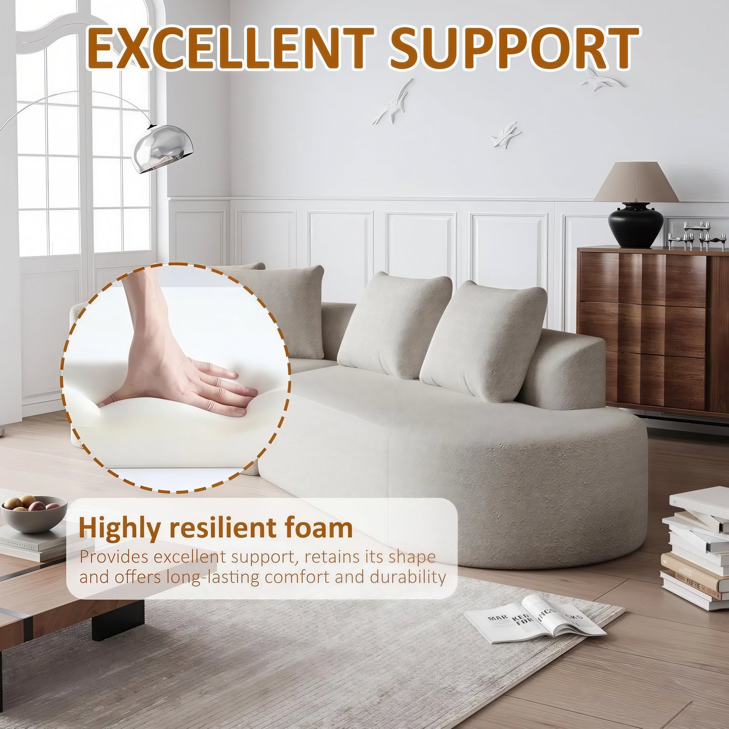112'' Modern Cloud Sectional Sofa – Chenille 4-Seater Curved Couch with Pillows, Extra Deep & Wide Seat