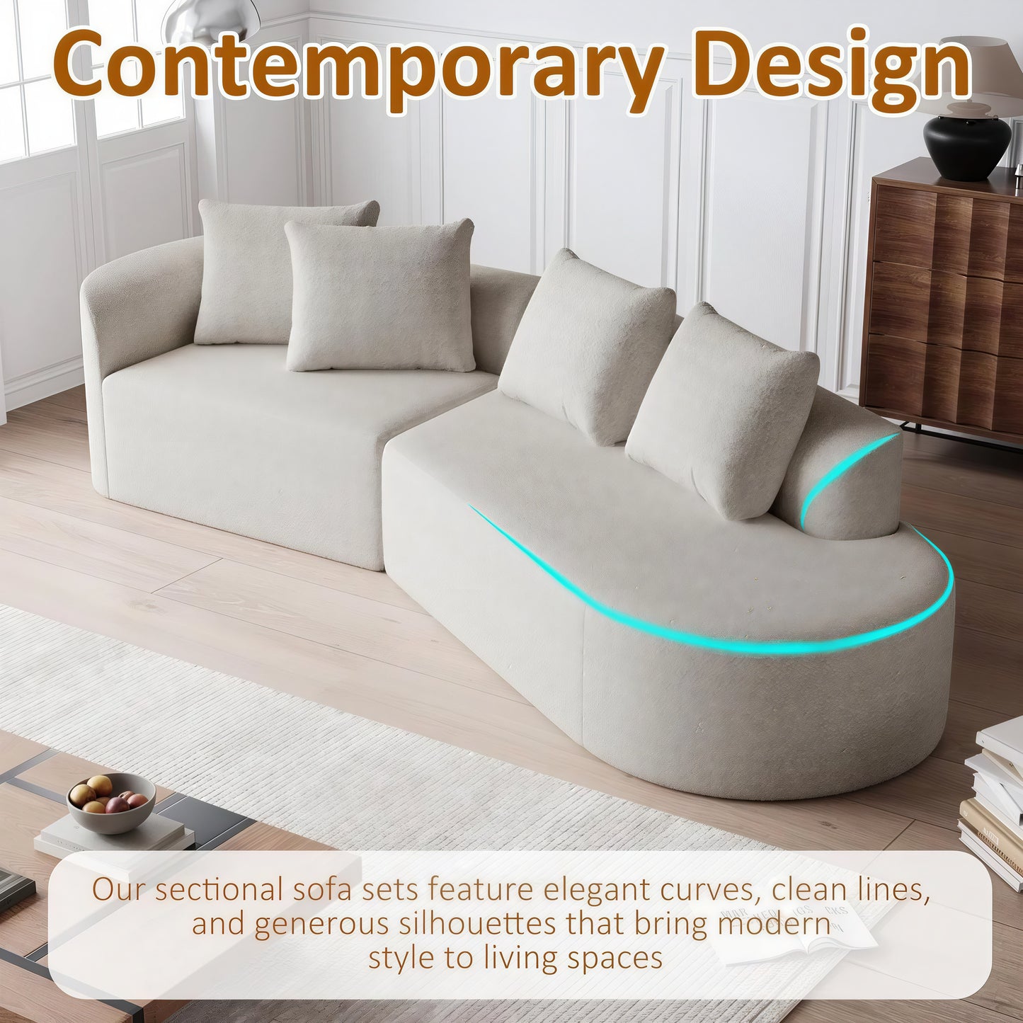 112'' Modern Cloud Sectional Sofa – Chenille 4-Seater Curved Couch with Pillows, Extra Deep & Wide Seat
