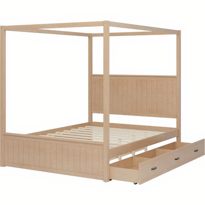 Queen Canopy Bed with Trundle & Storage – Solid Wood 4-Post Platform Bed Frame