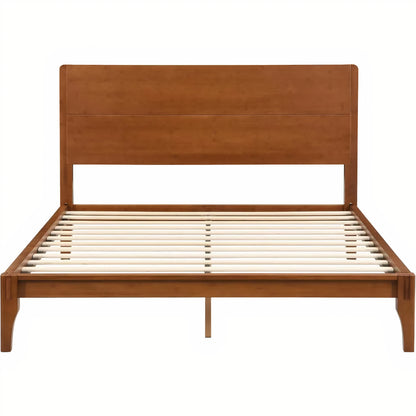 Queen Size Bamboo Platform Bed – Mid-Century Modern Frame with Tall Headboard & Wood Slat Support