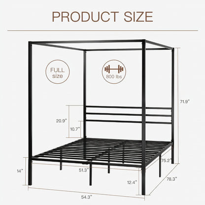 Full Size Metal Canopy Bed Frame – Modern 4 Poster Platform with Storage