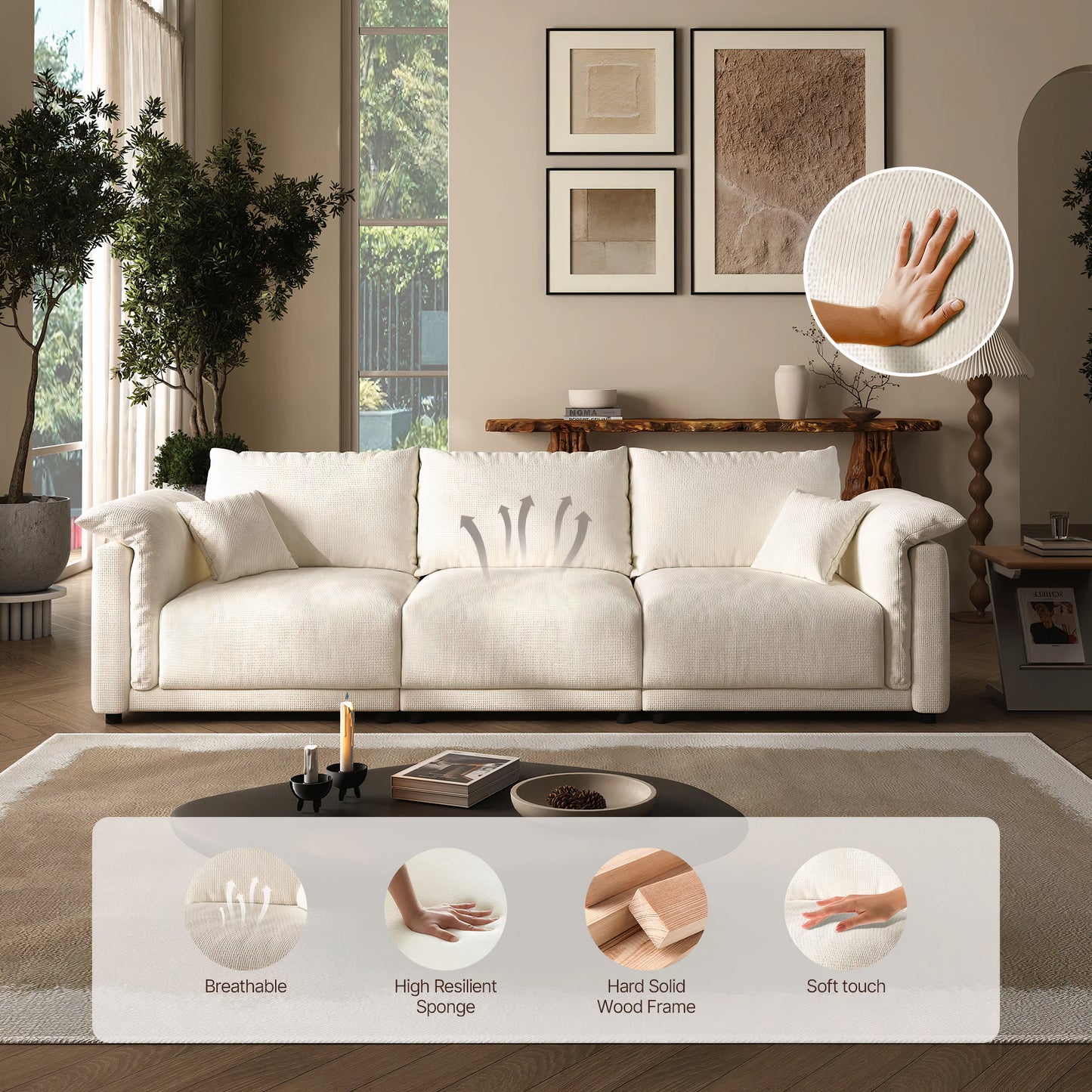 98.5'' Cloud Modular Sectional Sofa – 3 Seat Convertible Deep Seat Couch for Living Room