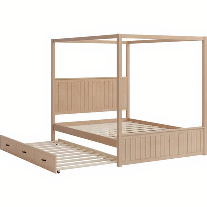 Queen Canopy Bed with Trundle & Storage – Solid Wood 4-Post Platform Bed Frame